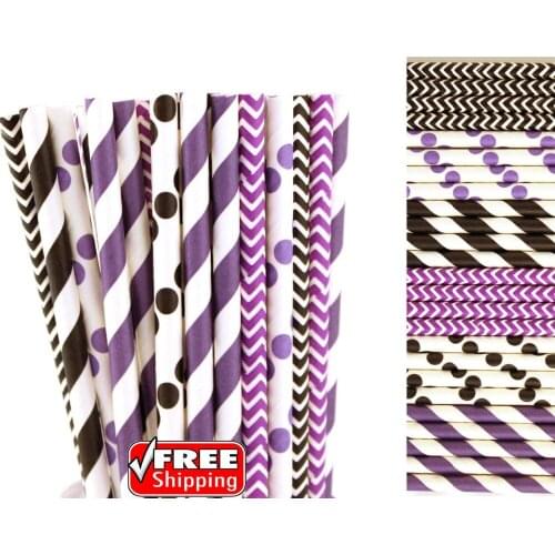 150pcs Mixed 6 Designs Black and Purple Themed Paper Straws-Stripe,Chevron,Polka Dot Wedding Birthday Party Colored Drinking
