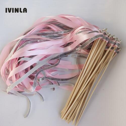 50Pieces/Lot Sliver Glitter Ribbon Wands Stick With Sliver Bell For Wedding Decoration