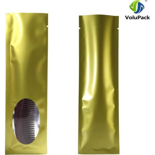 6x20cm(2.25x7.75in) 100pcs Glossy Gold Flat Long Heat Sealing Aluminum Foil Plastic Display Open Top Package Bags w/Clear window