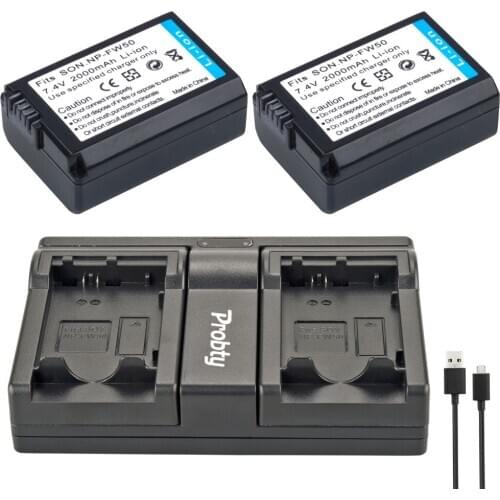 PROBTY 2pcs NP-FW50 NP FW50 Camera Battery + USB Dual Charger For SONY NEX 5T 5R 5TL 5N 5C 5CK A7R A7 F3 3N 3CA55 A37 A5000