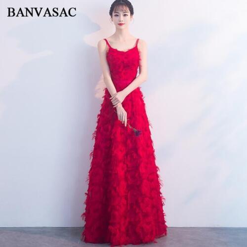 BANVASAC Sweetheart Feathers A Line Long Evening Dresses 2018 Party Spaghetti Strap Sash Lace Backless Prom Gowns