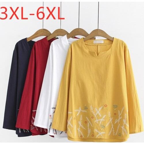 New ladies autumn winter plus size tops for women large blouse long sleeve loose cotton yellow embroidery shirt 3XL 4XL 5XL 6XL