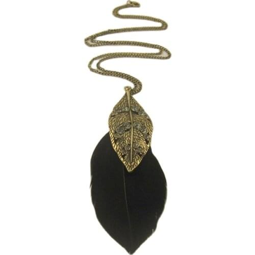 Bohemian Necklace Boho Rhinestone Leaf Black Feather Tassel Necklace Pendant Sweater Long Chain