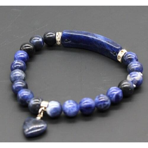 Trendy-beads Silver Plated Cute Heart Connect Rectangle Blue-vein Stone Handmade Bracelet