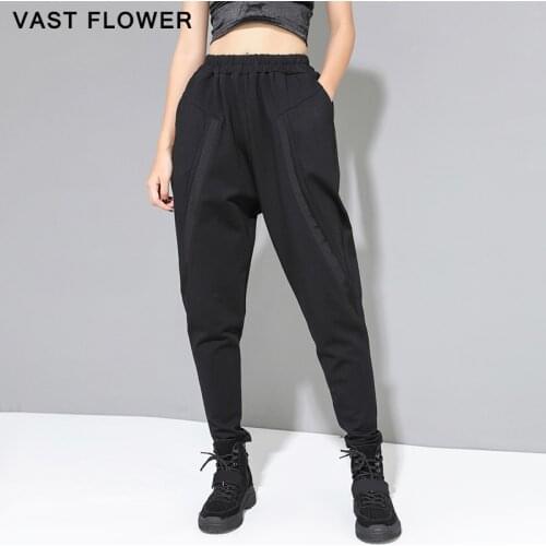Black High Waist Harem Pants Women New Pockets Spliced Ribbon Loose Casual Trousers Women Fashion Streetwear Spring Autumn 2021