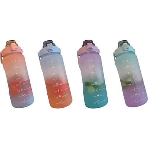 2L Large Capacity Water Bottle with Bounce Cover Time Scale Reminder Frosted Cup for Outdoor Fitness Training