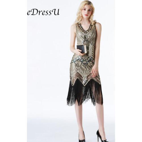 EDressU 2019 Vestidos Gold 1920s Vintage Great Gatsby Dress Flapper Tassel Cocktail Party Dress Robe de Soiree CZ-LF01