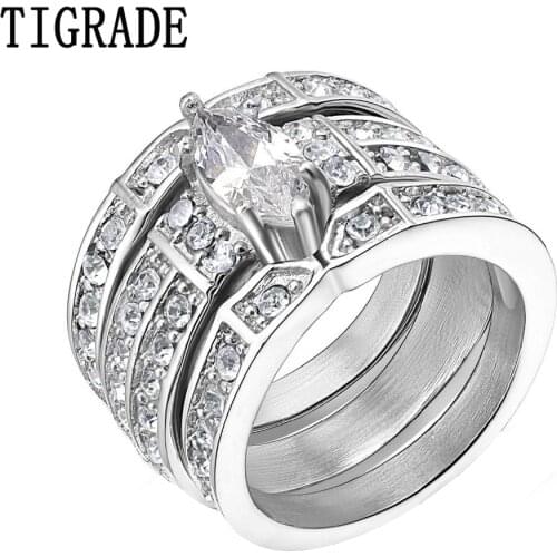 TIGRADE Silver Color Stainless Steel Marquise Cubic Zirconia Wedding Ring Set Women Engagement Ring with Matching Channel Set