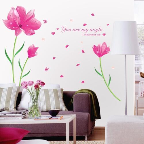 Beautiful Pink flowers wall sticker PVC Material DIY wall decals For Living room TV sofa background wall decoration sticker