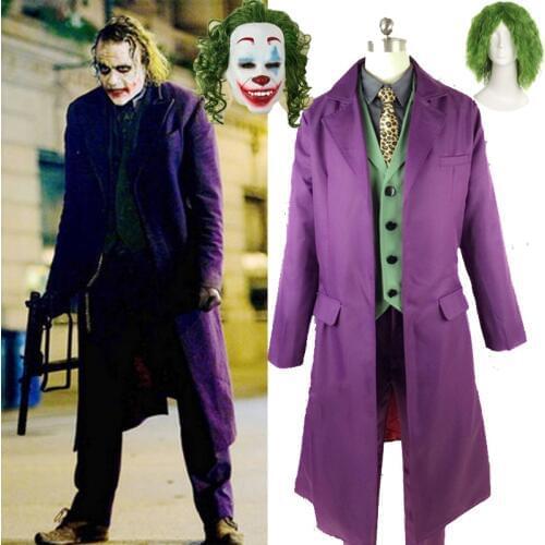 HOT! The Dark Knight Joker Cosplay Costume Movie Joker Heath Ledger Cosplay Suit Purple Jacket Uniform Full set