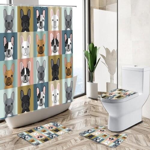 Cartoon Bulldog Dog Child Bathroom Shower Curtain Set Fun Animal 3D Print Home Decor Non-Slip Pedestal Rug Toilet Cover Gifts