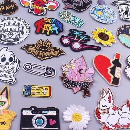 Cartoon Applique Van Gogh Patch Letters Stickers For Clothes Crystal Flowers Embroidery Patch Lips Patches For Clothing Badges