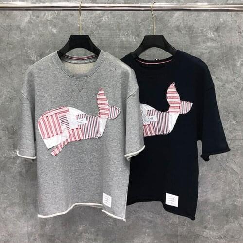 2021 Fashion TB THOM Brand T-Shirt Men Whale Patch Hole Loose Mens Clothing Hip Hop Summer Bat Sleeve Cotton Patchwork Shirts