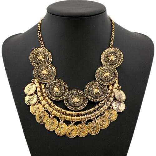 Trendy Maxi Coin Necklaces Women Ethnic Round Tassel Collars Fashion Sweater Chain Geometric Carved Rhinestone Jewelry Statement
