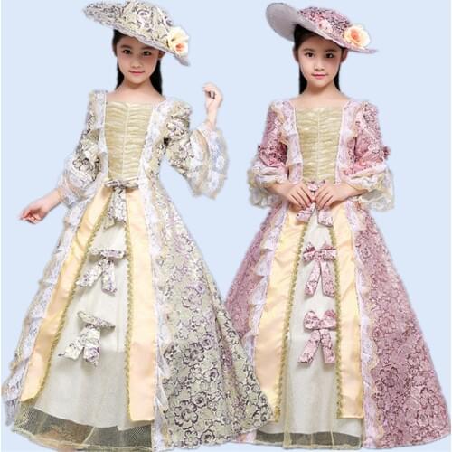Medieval Palace Princess Dress Party Cosplay Costume for Kids Baby Girls Renaissance Ruffle Fancy Party Vintage Vestido Hat Set