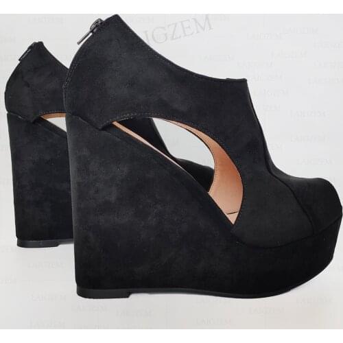 DOHBANER Women Platform Wedges Faux Suede Back Zip Sandals Peep Toe Party Prom Black Ladies Shoes Woman Large Size 42 45 47 52
