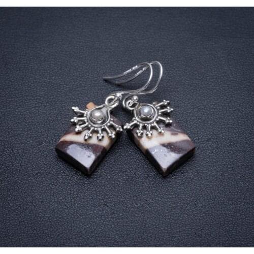 Natural Royal Imperial Jasper and River Pearl Handmade 925 Sterling Silver Earrings 1 1/4" S1790