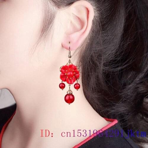 Red Jade Flower Earrings Crystal Amulet Gemstone Zircon 925 Silver Natural Gifts Chalcedony Fashion Charm Jewelry Women