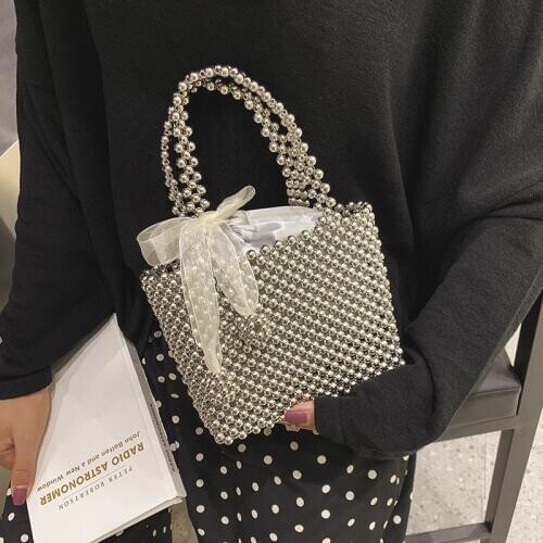 Handmade Pearl Bag Women Luxury Handbags Small Box Party Vintage Shoulder Bag Female Top-handle Purse Crossbody Bag Black Silver