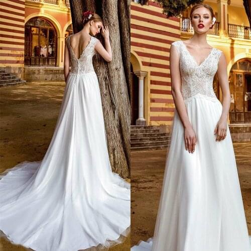 Fashion Wedding Dresses V Neck Lace Appliques Bridal Gowns 2020 Custom Made Backless Sweep Train A Line Wedding Dress