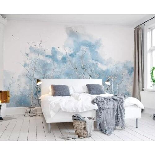 Light blue branches watercolor birds Nordic minimalist living room background wall