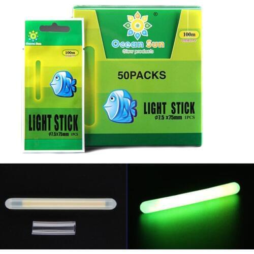 50 Bags/Box 7.5X75MM Luminous Fishing Float light stick Tube Green Fluorescent Lights Glow Stick Wand Fishing Float Accessories