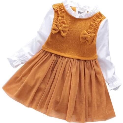 Spring Toddler Kids Sweet School Style Dress Baby Girls Tulle Patchwork Suit Flower Bow Shirt Dresses Children Party Clothing