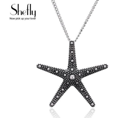 Vintage Starfish Necklace Ancient Silver Color Big Sea Stars Ocean Jewelry Starfish Charm Party/Gift For Women