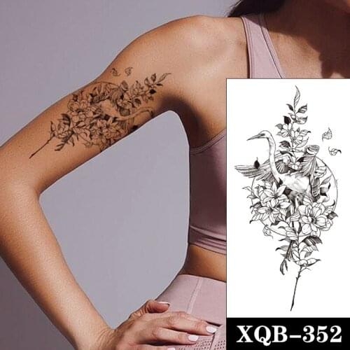 Temporary Tattoo Stickers Red-crowned Crane Moon Flower Bush Design Fake Tattoos Waterproof Tatoos Arm Large Size for Women Girl