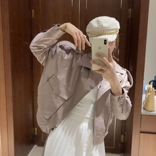 Korean Vintage Women Loose Big Pocket Waist Lace-up Black Faux PU Leather Motorcycle Biker Jacket Female 2021 Spring Short Coat