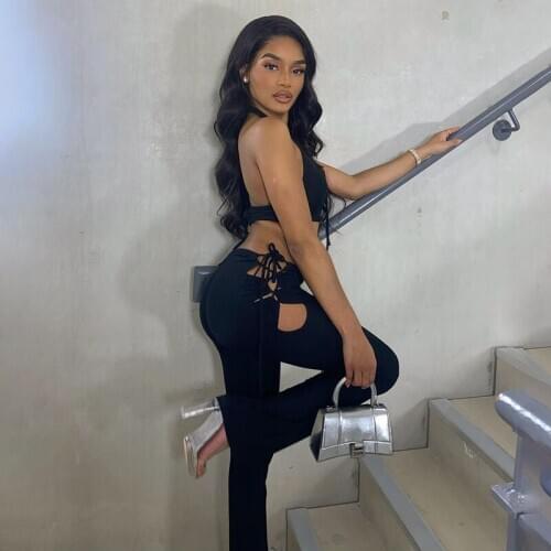 2021 Women Pants Black Trousers Stretch Comfortable Casual Pants String Strap Hollow Out Flared Pants Spring Summer