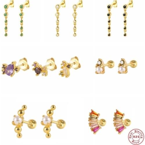 CANNER Tassel Earring 925 Sterling Silver Colorful Zircon Pearl Stud Earring For Women Cartilage Pendientes Jewerly Accessorie