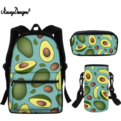 NOISYDESIGNS Cartoon School Bags Green Fruit Avocado Print Children Canvas School Backpack Set for Teenager Girls Boys Bag Mujer