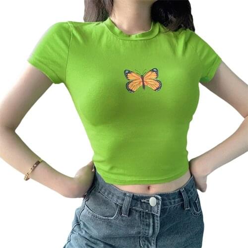 Female Crop Tops, Girls Butterfly Print Round Collar Short Sleeve T-Shirt Pullover for Summer, Green/Yellow/Blue