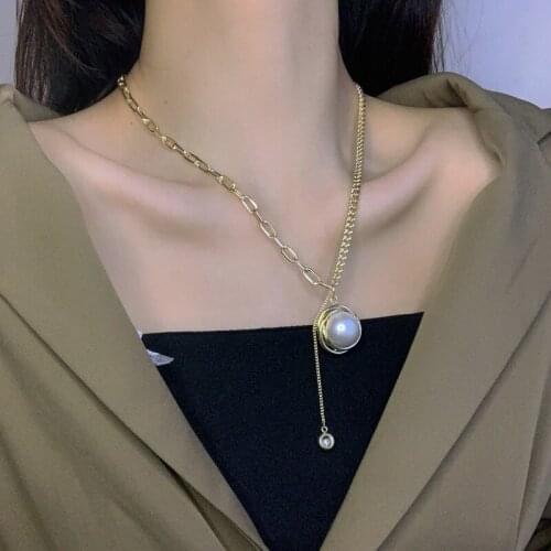 Goth Punk Gold Color Thick Chains Necklaces for Women Faux Pearl Round Pendant Choker Collares Korean Fashion Kpop Jewelry MS388