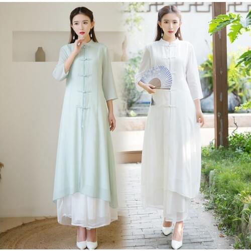2021 new Chinese style hoop button retro Chiffon Dress daily tea zen performance jacket+pants vintage cheongsam green white