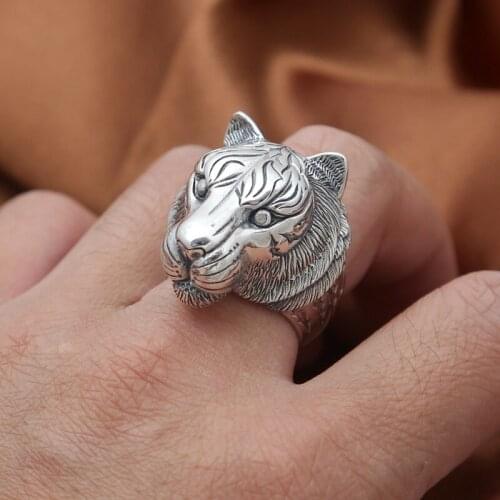 100%S925 sterling silver jewelry Thai silver craft king of animals, tiger tiger head mens domineering personality ring