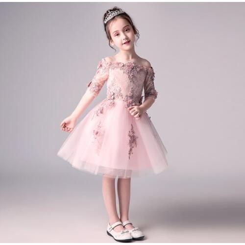 2018 Pink Appliques Girl first communion dresses Half Sleeve Kids Party Ball Gown Organza Flower Girl Dresses for Weddings