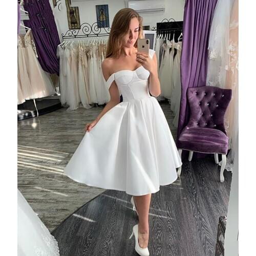2021 Cheap Satin Short Straps Wedding Dress Boho Knee Length Bridal Gowns Vestido De Noiva
