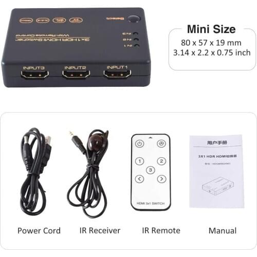 3-Port HDMI Switch 4K HDMI Switcher, Splitter, Supports 4K, Full HD1080p, 3D with IR Remote