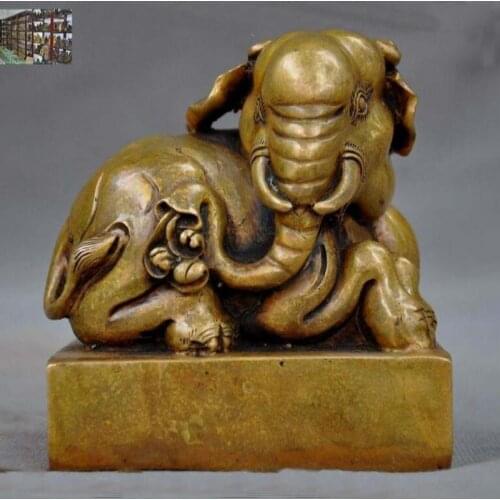 4" Collect Old Chinese bronze animals Elephant statue Seal Stamp signet