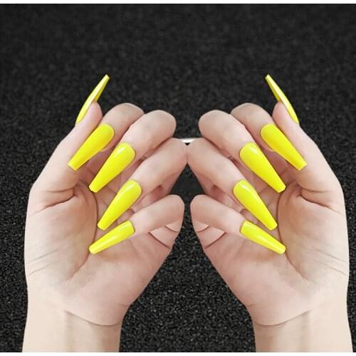 5 Sets Bright Yellow Super Long Coffin Ballerina False Nails Full French Fake Nails Coffin Nail Decoration Tips Press on Nails