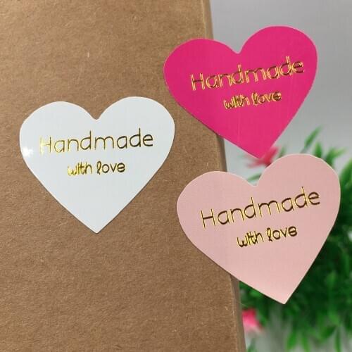 500pcs Pink Heart Shape Gold ''Handmade With Love'' Paper Sticker Labels Cake/Cookie Packing Seal Self adhesive Sticker