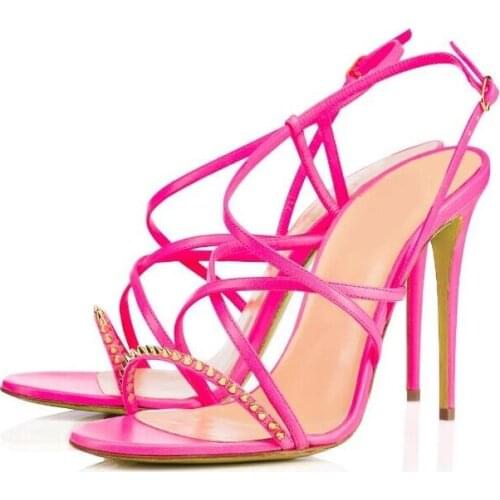 Sexy Pink Black Patent Leather Studded Sandals Cut-out Thin Heels Cross Strap Sandals Big Size Hollow Gladiator Heels Sandals
