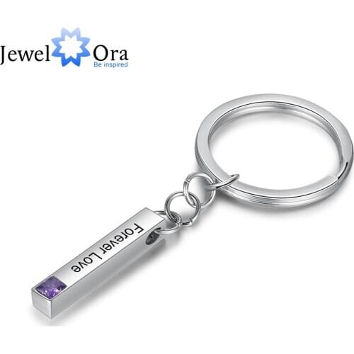 JewelOra Personalized Bar Keychain Couple Stainless Steel Jewelry Customized Birthstone Cute Memory Gift Engraved Name for Women