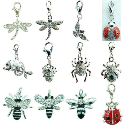 JINGLANG Mix Sale Fashion White Rhinestone Insects Pendant Lobster Clasp Animals Charms For Jewelry Making Accessories