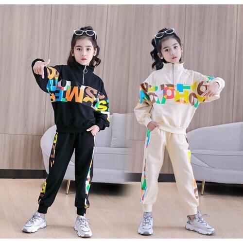 11.11 Hot Selling Teenage Childrens O-Neck Letter Fashion Cute Suit Girls Spring Autumn Korean College Style Halloween Clothing