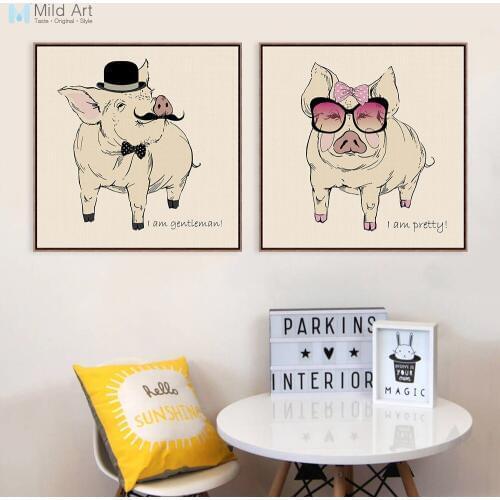 Fashion Pretty Pink Pig Beauty Gentleman Animal A4 Big Art Print Poster Couple Wall Picture Canvas Painting Girl Room Home Decor