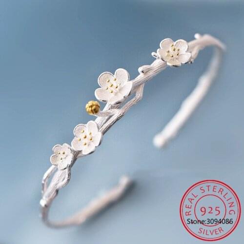 925 Sterling Silver Fashion Simple Plum Blossom Flower Bangle Opening Size Bangle For Anniversary Gifts S-B239