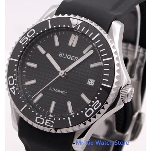 Bliger 41mm Automatic Mechanical Mens Watch Luxury Brand Rubber Strap Luminous Waterproof Military Calendar Clock Wristwatch Men